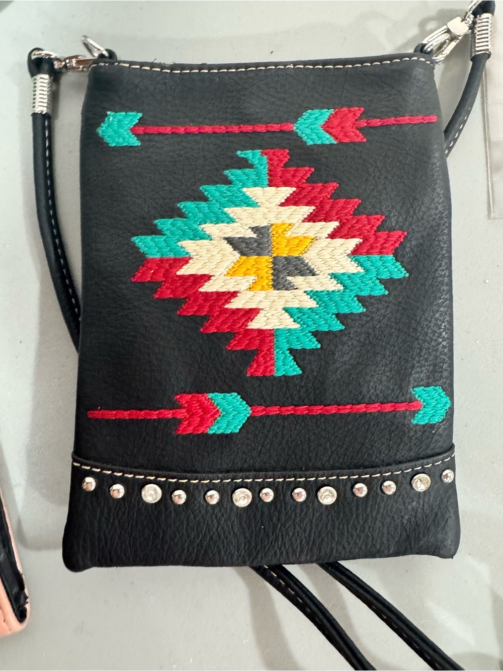 Black Crossbody Bag with Colorful Aztec Embroidery